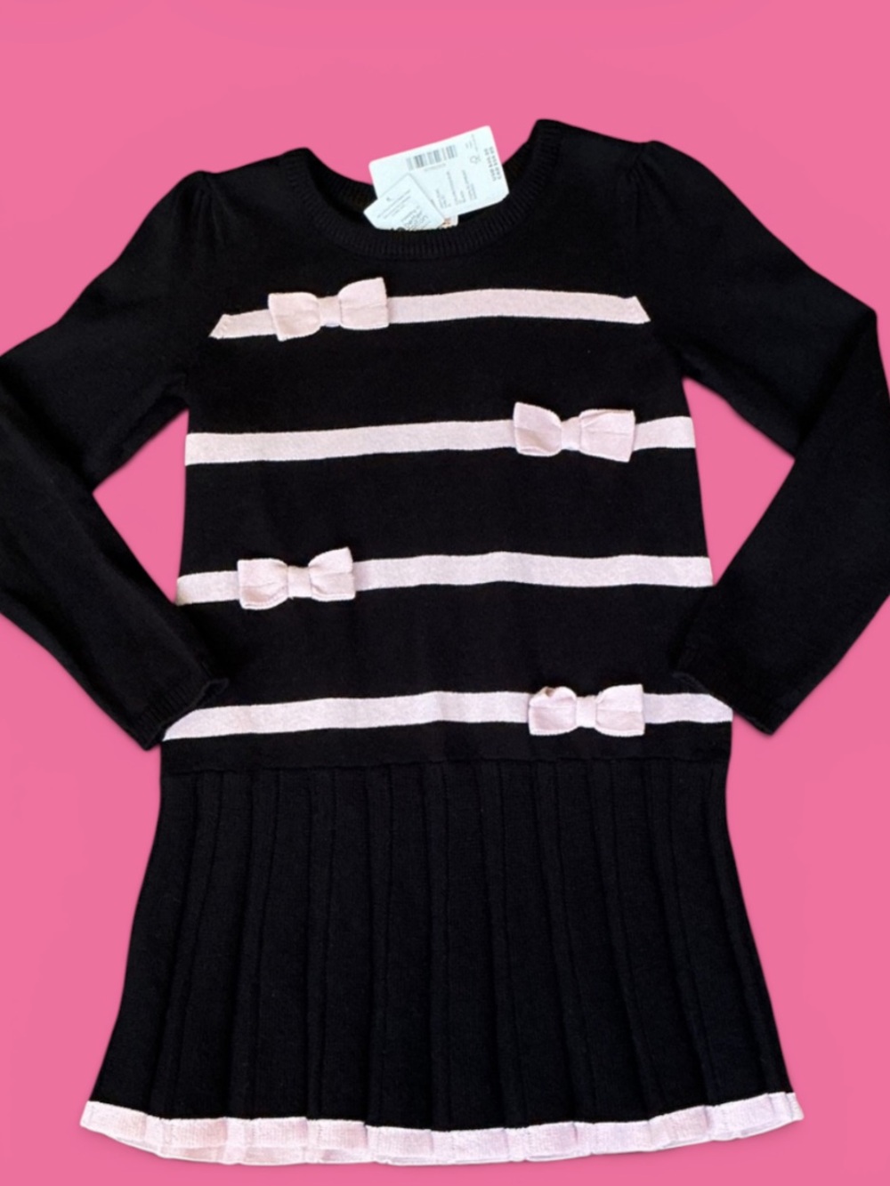 Brand New Sz 4T Black Knit Dress with Light Pink Stripe & Bow